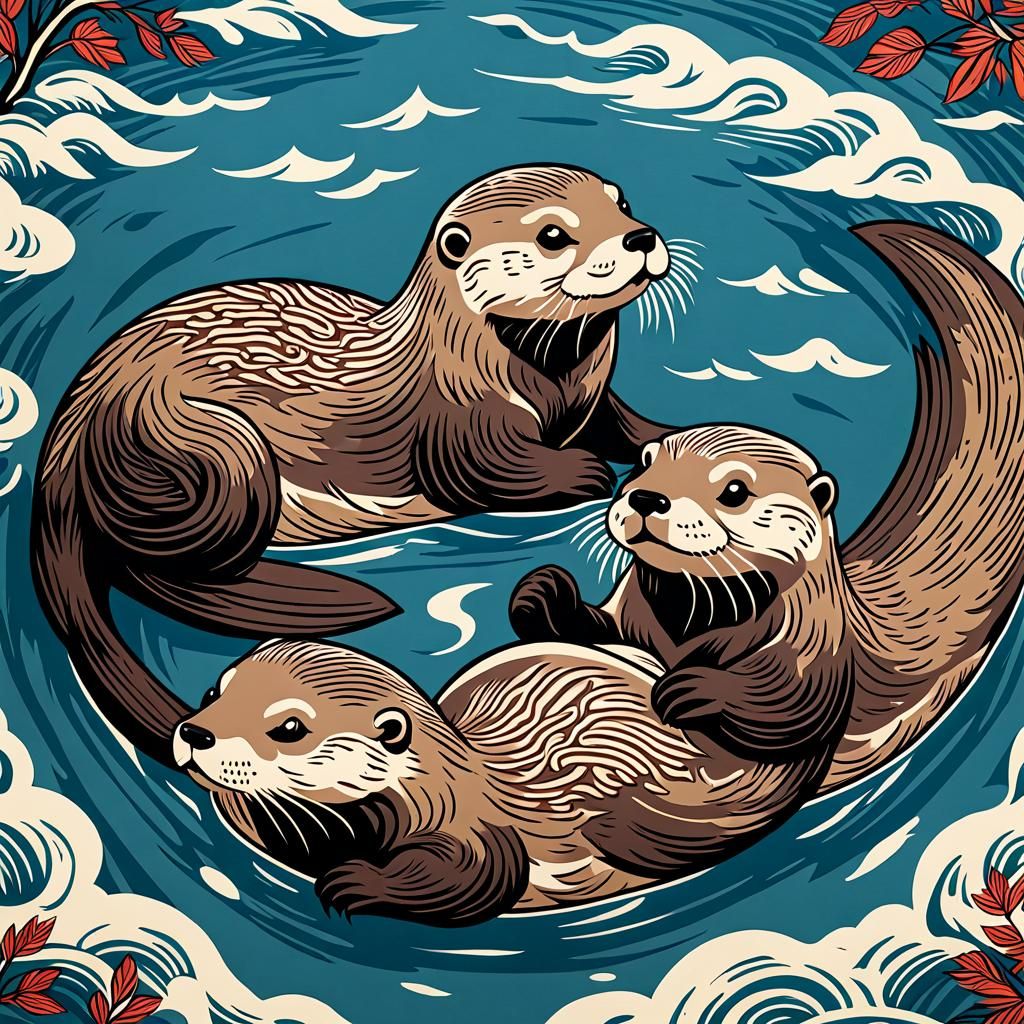 Otters in Lake: Woodblock and Screen Print Art