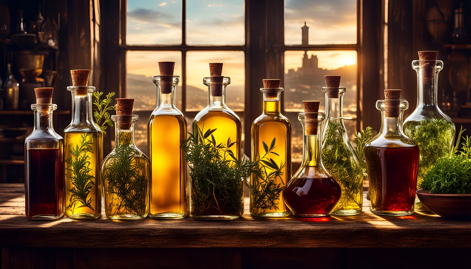 Olive Oils and Vinegars in Golden Light