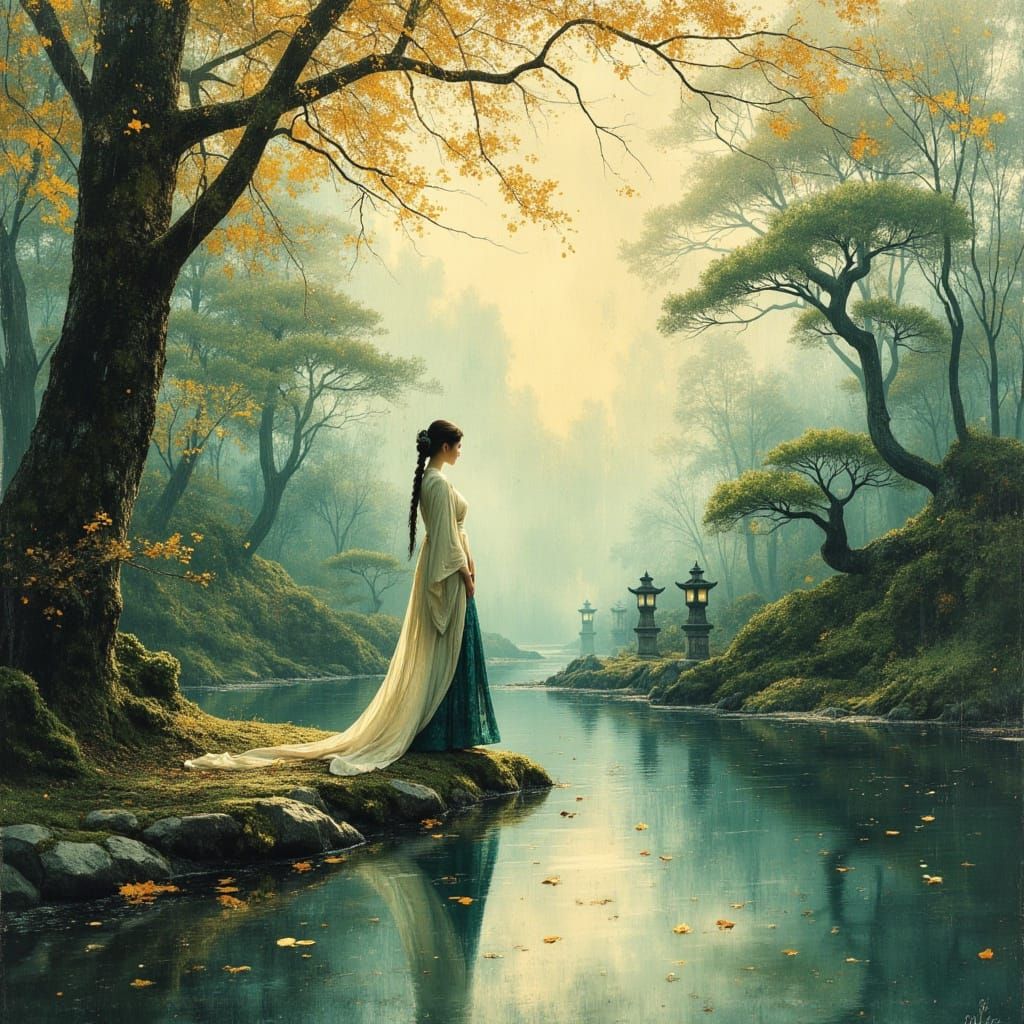 Serene Japanese Garden at Dawn with Traditional Woman