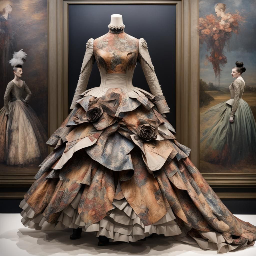 Fine Art Burnt Edge Paper Collage Ballgown, Long Sleeved Bod...