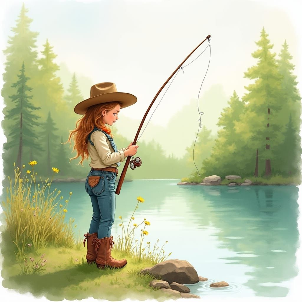 Cowgirl Fishing in Watercolor Style