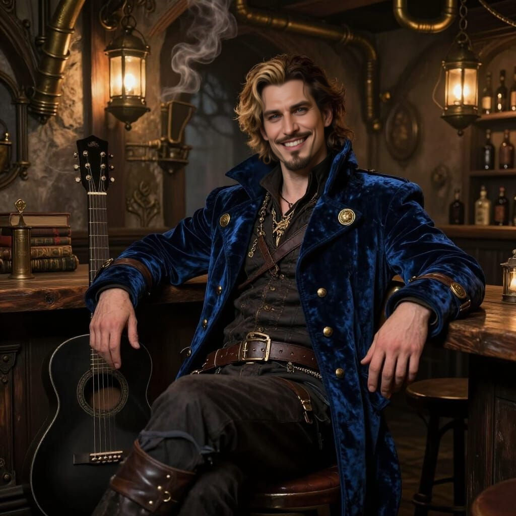 Gothic Steampunk Bard With Guitar in Tavern