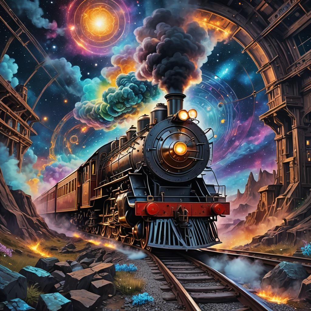 Steam Train Journey Through Holographic Astral Cosmos