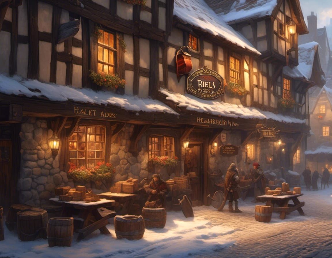 Hyperrealistic Medieval Inn with Axe and Shield Sign