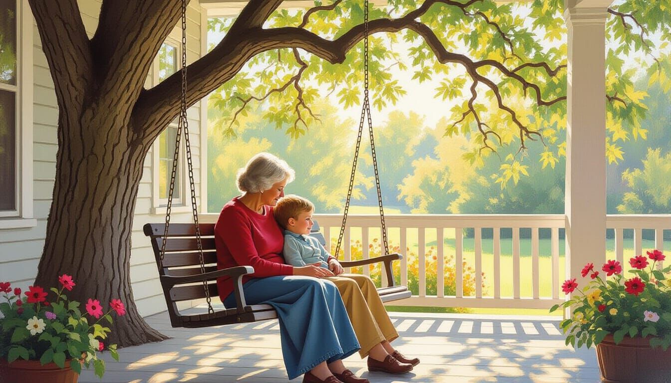 Grandmother and Grandson on Porch Swing in Soft Impressionis...