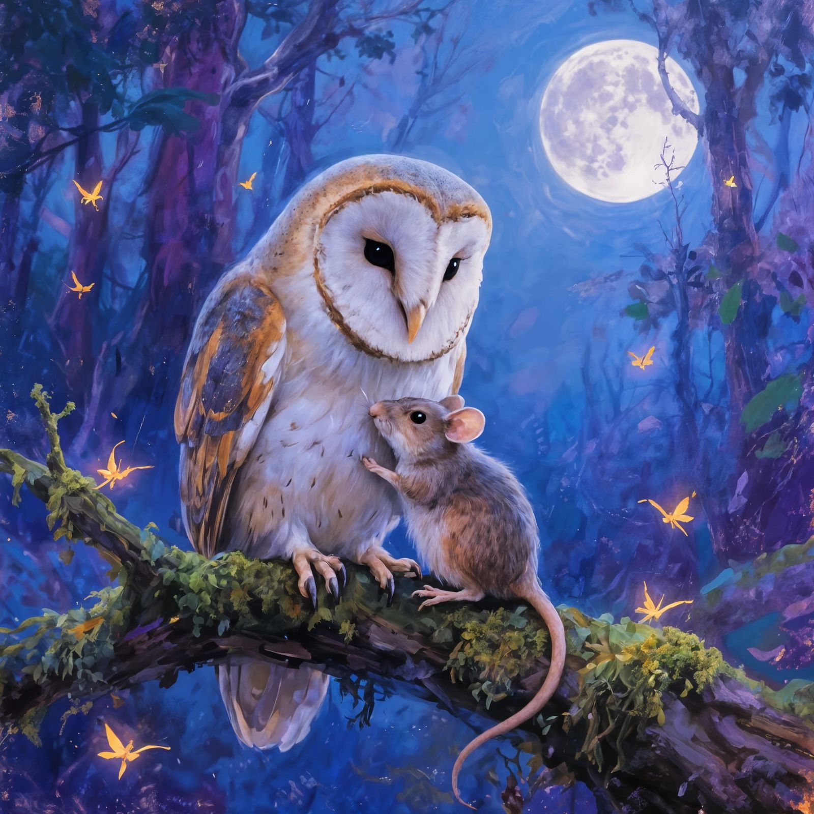Magical Owl and Mouse Friendship in Moonlit Forest