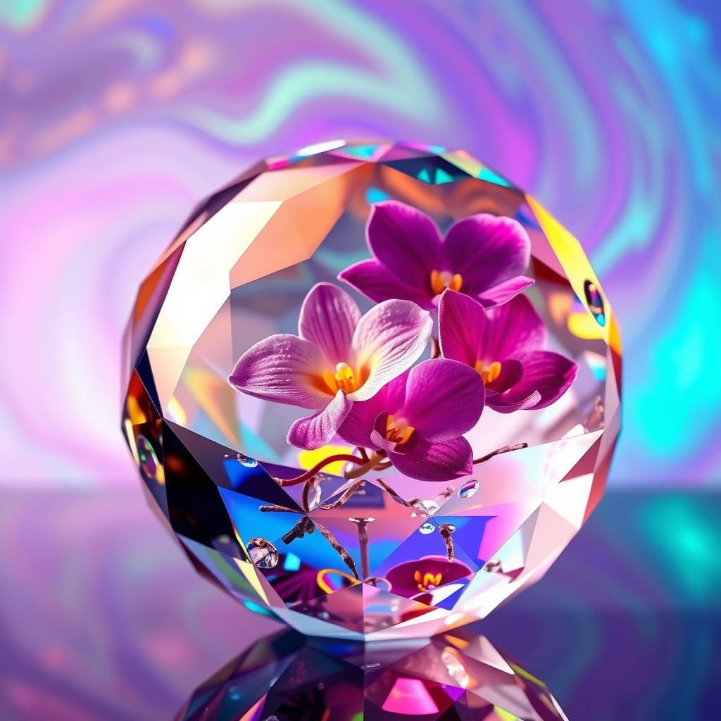 Ethereal Crystal Orb Blooms with Vibrant Flowers in Unrealis...