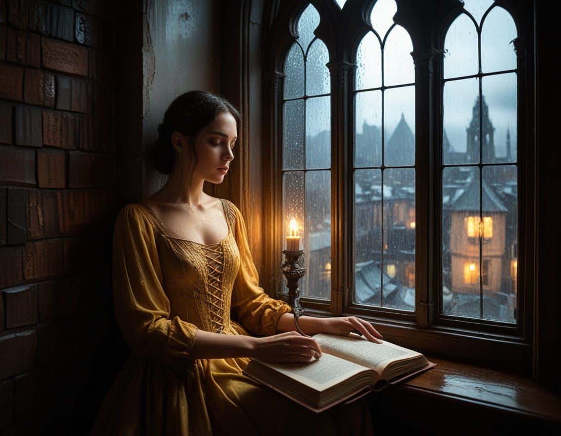 Woman Reading by Window in Gothic Style