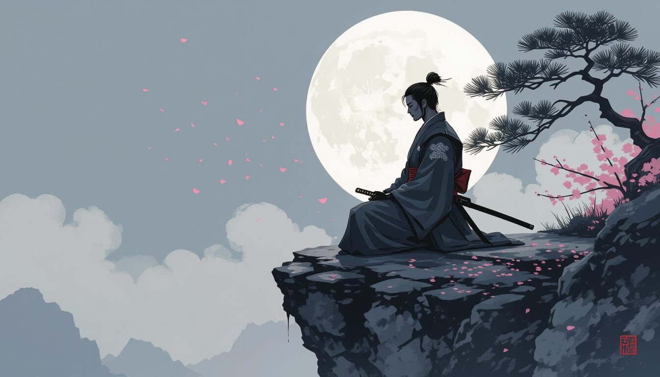 Samurai Meditating Under Moon in Sumi-e Style