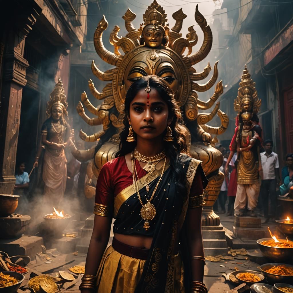Eerie Durga Puja Celebration in Dark Surrealism