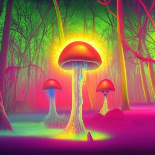 Psychedelic Glowing Mushrooms with Giant Mouse in Pop Art