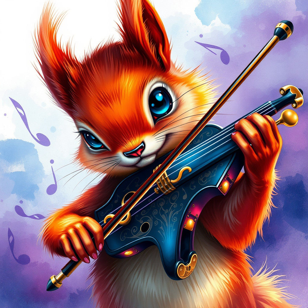 Squirrel Musician Plays Futuristic Violin in Watercolor Drea...