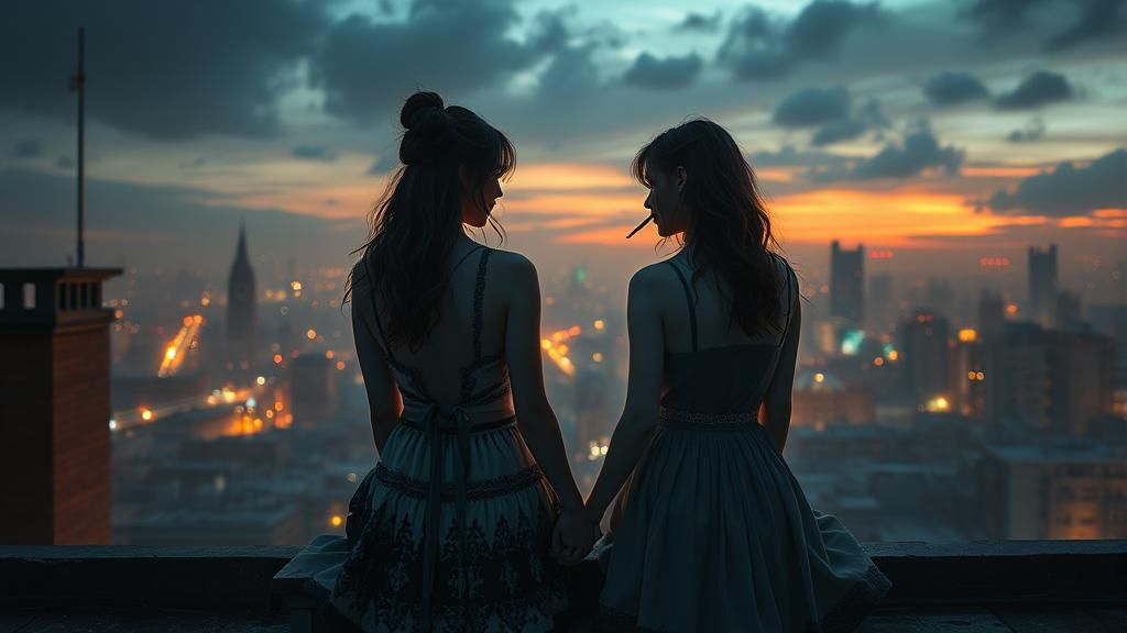 Girls on Rooftop Share Cigarette: Digital Matte Painting