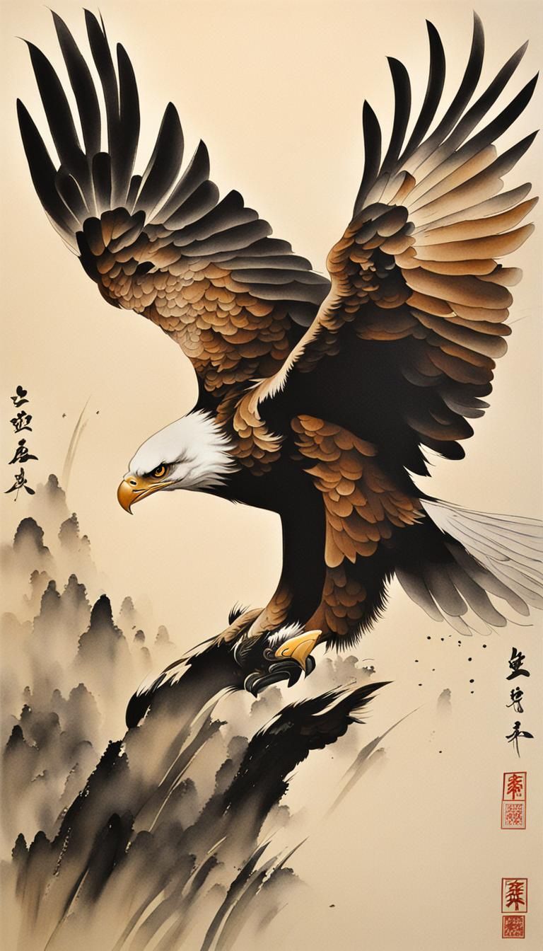 Minimalist Ink Painting of a Flying Eagle