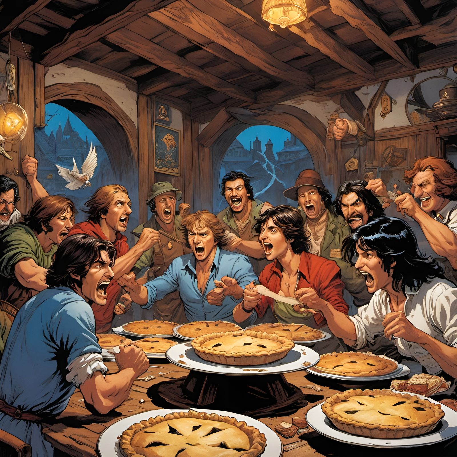 Chaotic Pie Fight in Fantasy Tavern as Comic Art