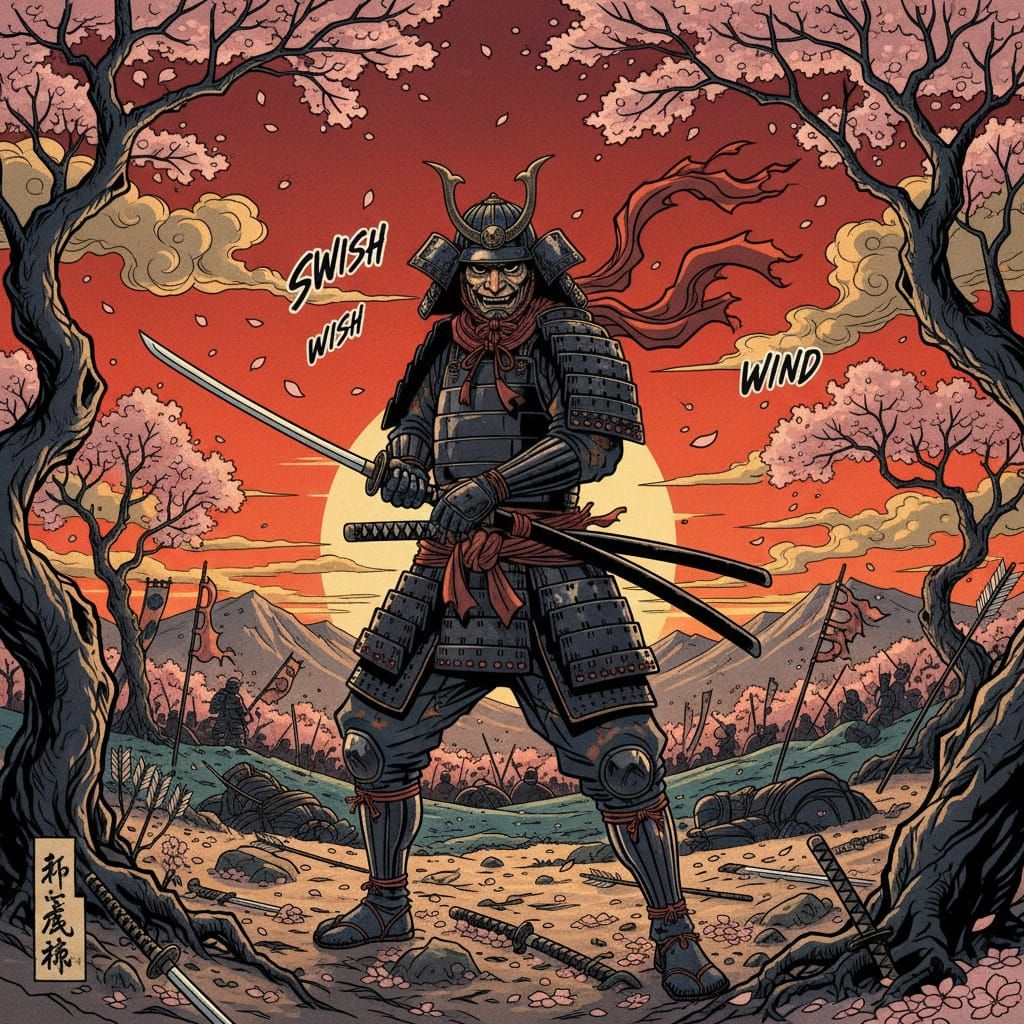 Samurai on Cherry Blossom Battlefield at Sunset