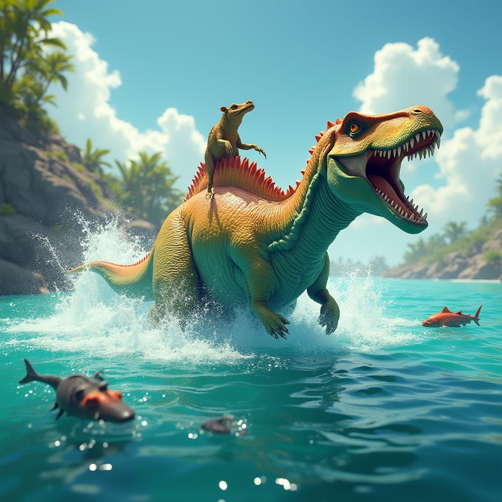 Mosasaurus and Camel in Turquoise Water: Fantasy Art