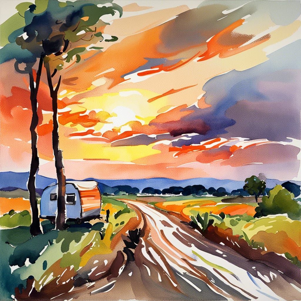 Sunset Camp by River: Gouache Watercolor Impressionism