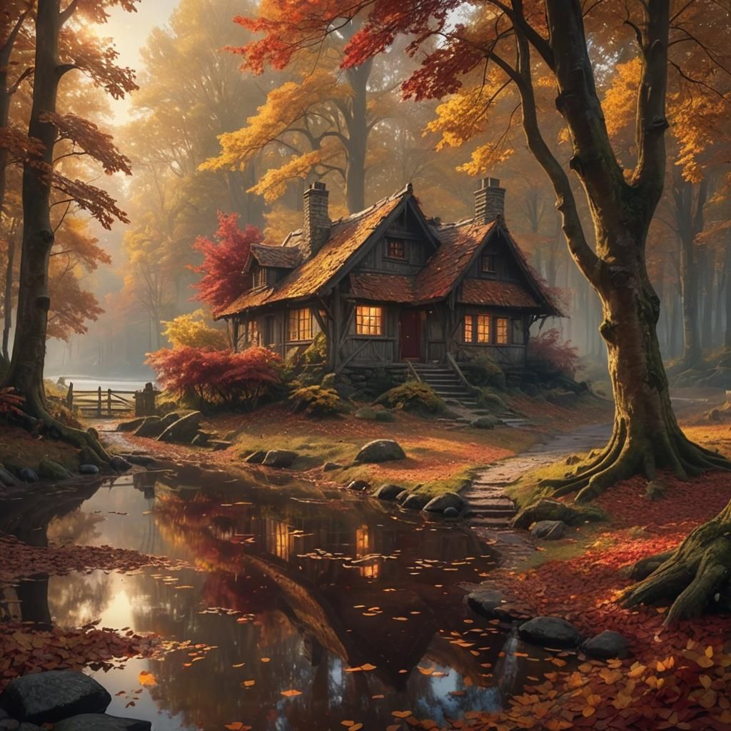 Enchanted Autumn Cottage by Serene Lake