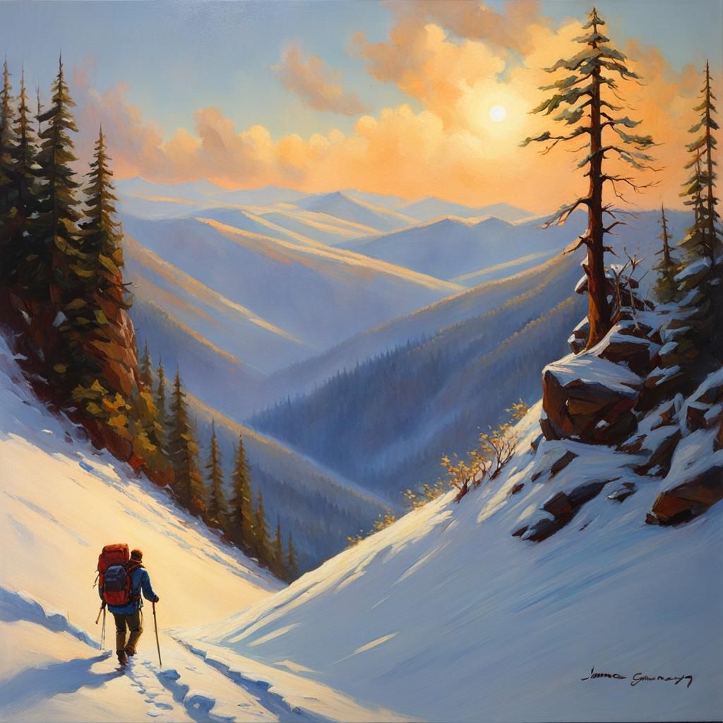 Hiker in Blizzard: Oil Painting Style