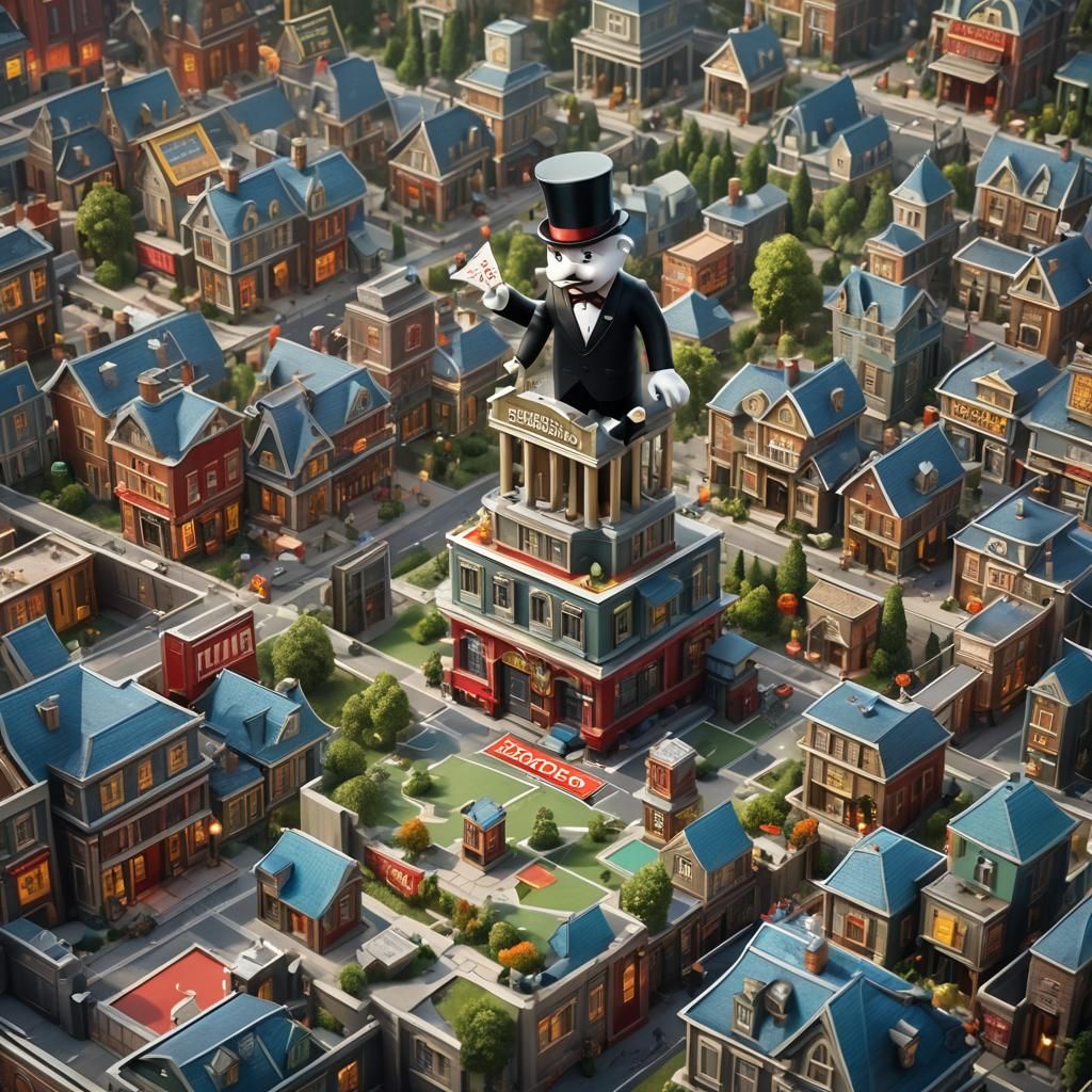 Mr. Monopoly in a Fantastical Real Estate Scene
