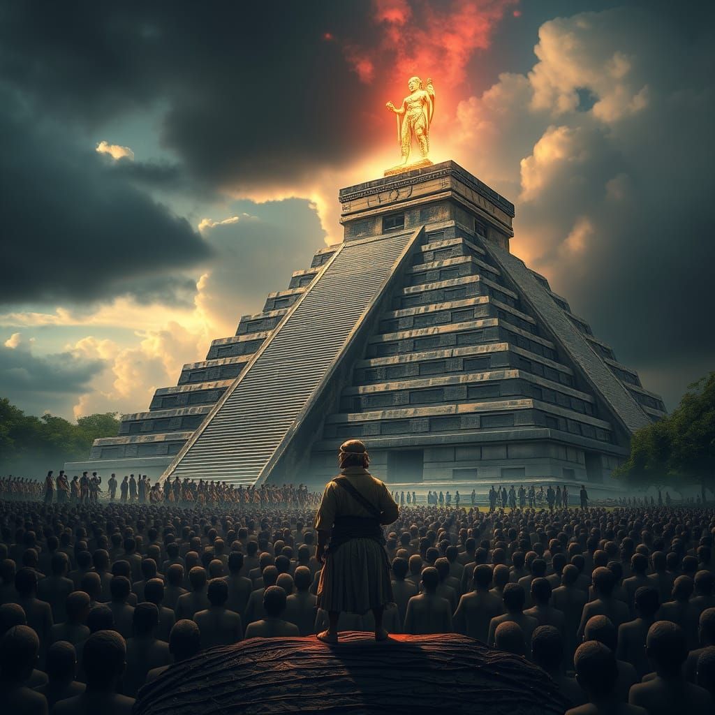 Mayan Figure Gazing at Gods at Chichen Itza Temple