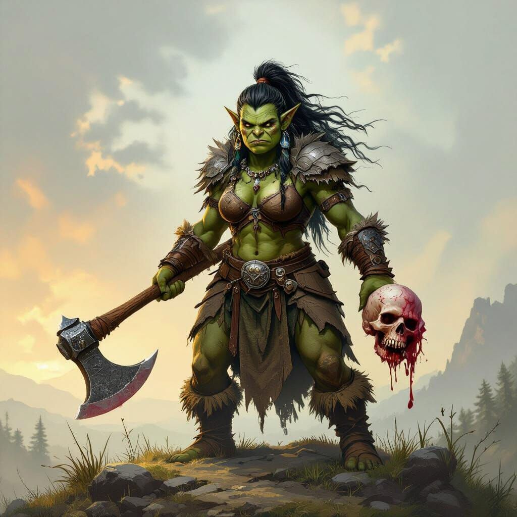 Female Troll Warlord with Axe and Severed Head