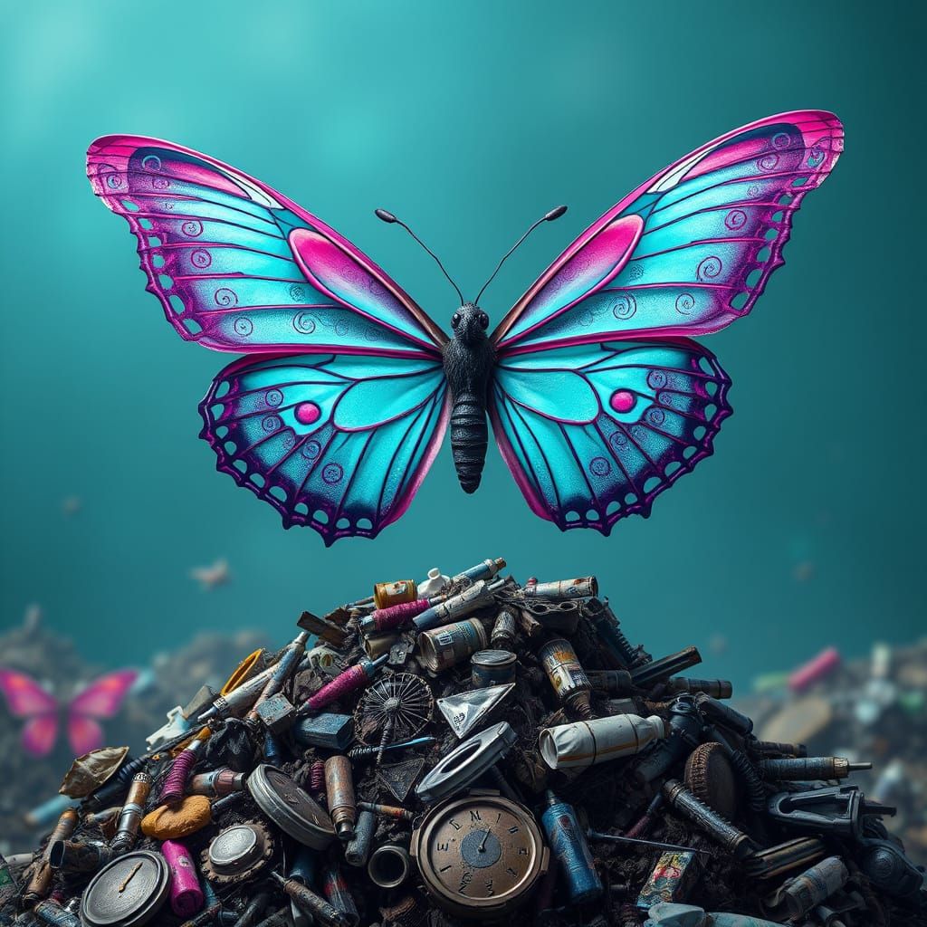 Butterfly over Trash Heap in Hyper-Realistic Style