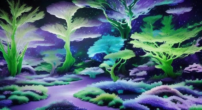Alien Planet with Glowing Rivers and Mystical Statue