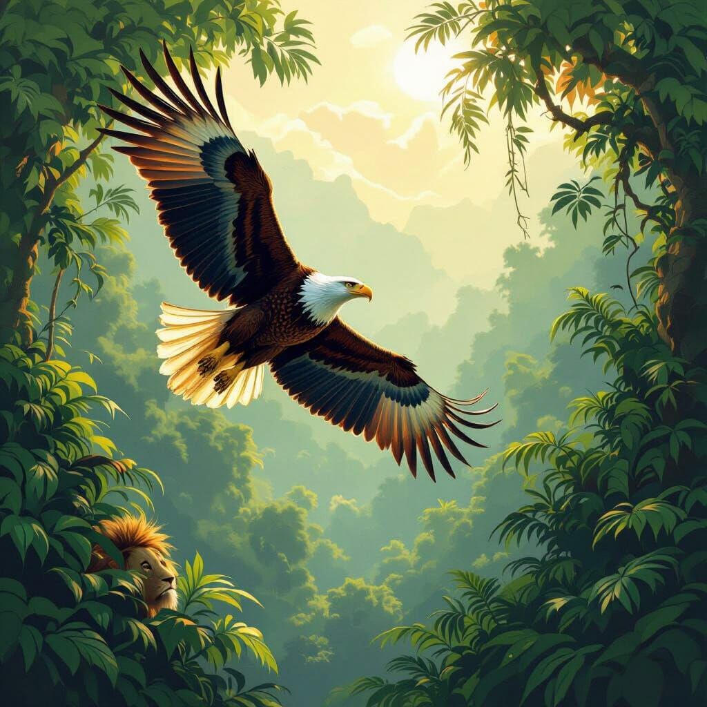 Majestic Eagle Soaring Above Jungle, Wildlife Art