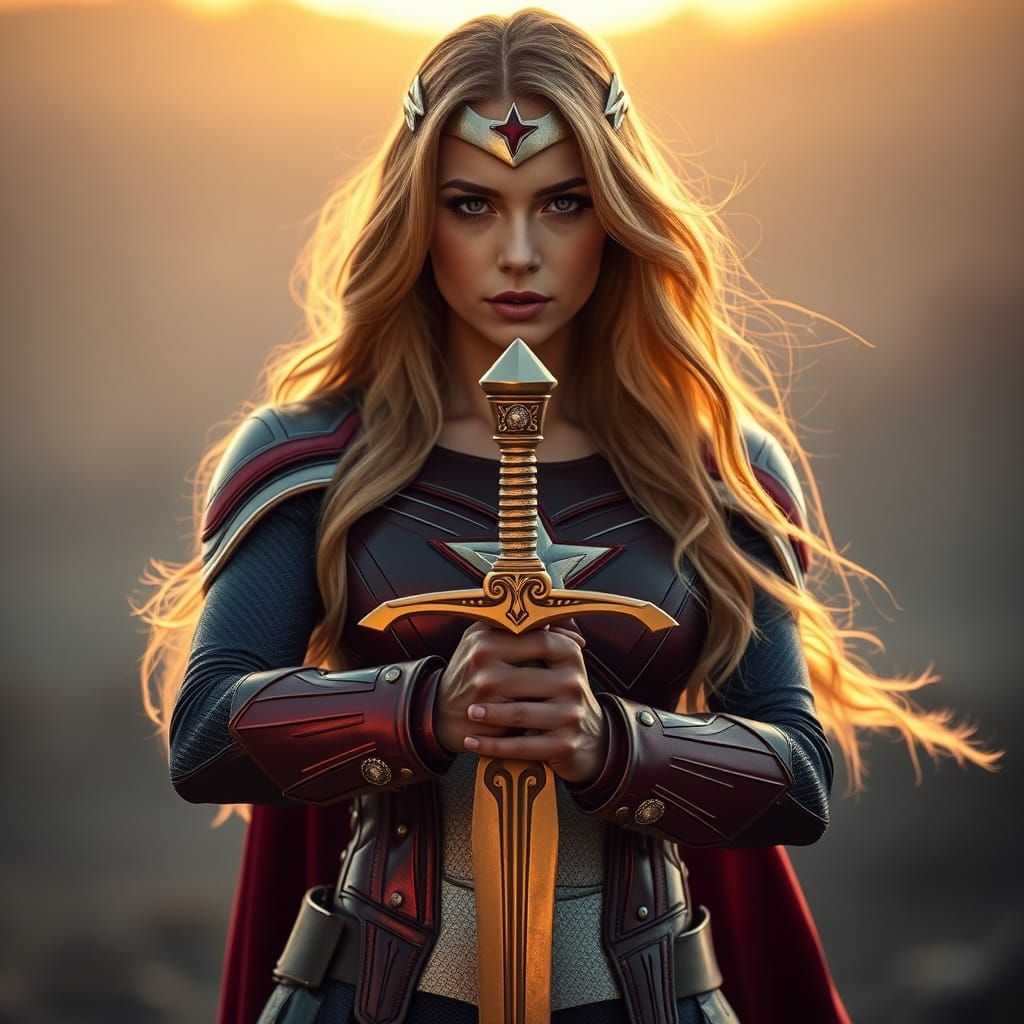 Golden Goddess Wields Excalibur with Cinematic Flair