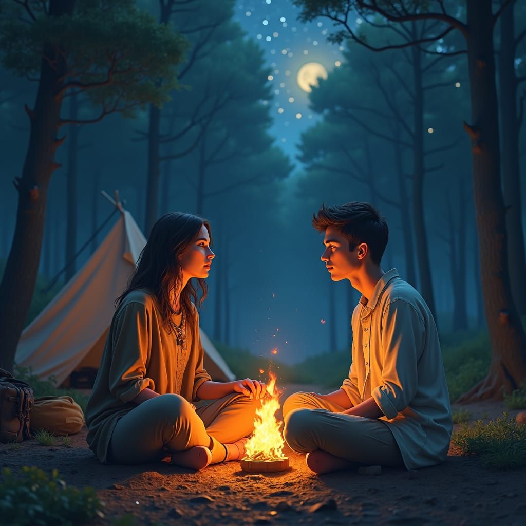 Friends Camping Under Starry Sky in Fantasy Art Style