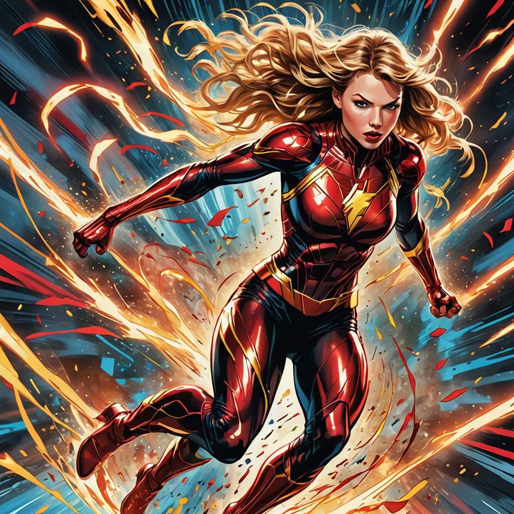 Taylor Swift-like Superhero Speedster in Comic Book Art