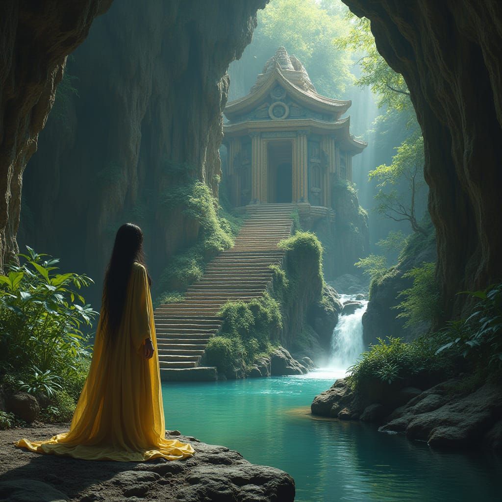 Mystical Cavern Temple with Ancient Woman