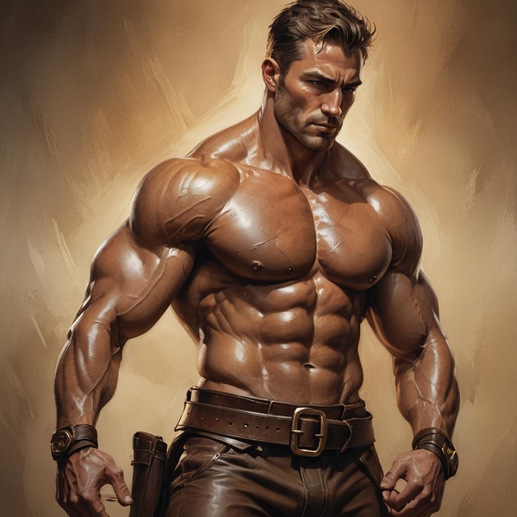 Muscular Man Unbuckling Belt in Golden Light