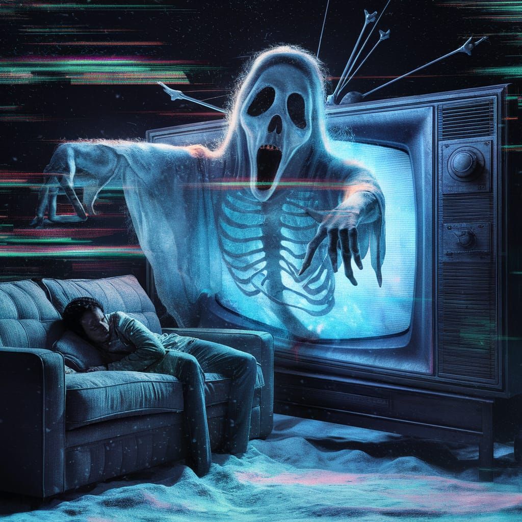 Eerie Ghost Emerges from Retro TV in Digital Art