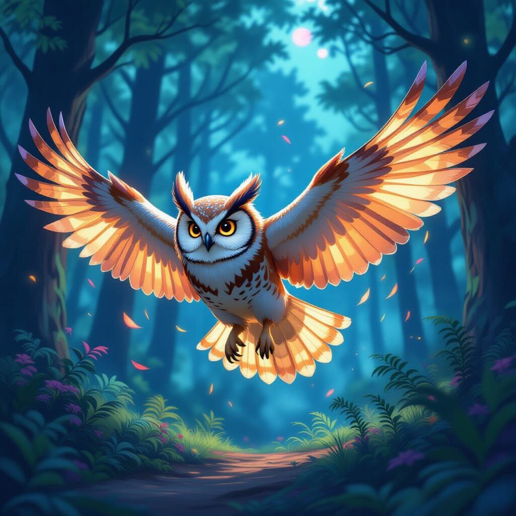 Pokemon Owl Soaring Through a Vibrant Night Forest