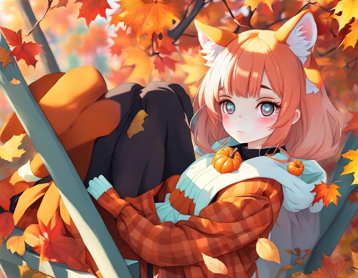Pastel Animal Girl in Autumn Landscape