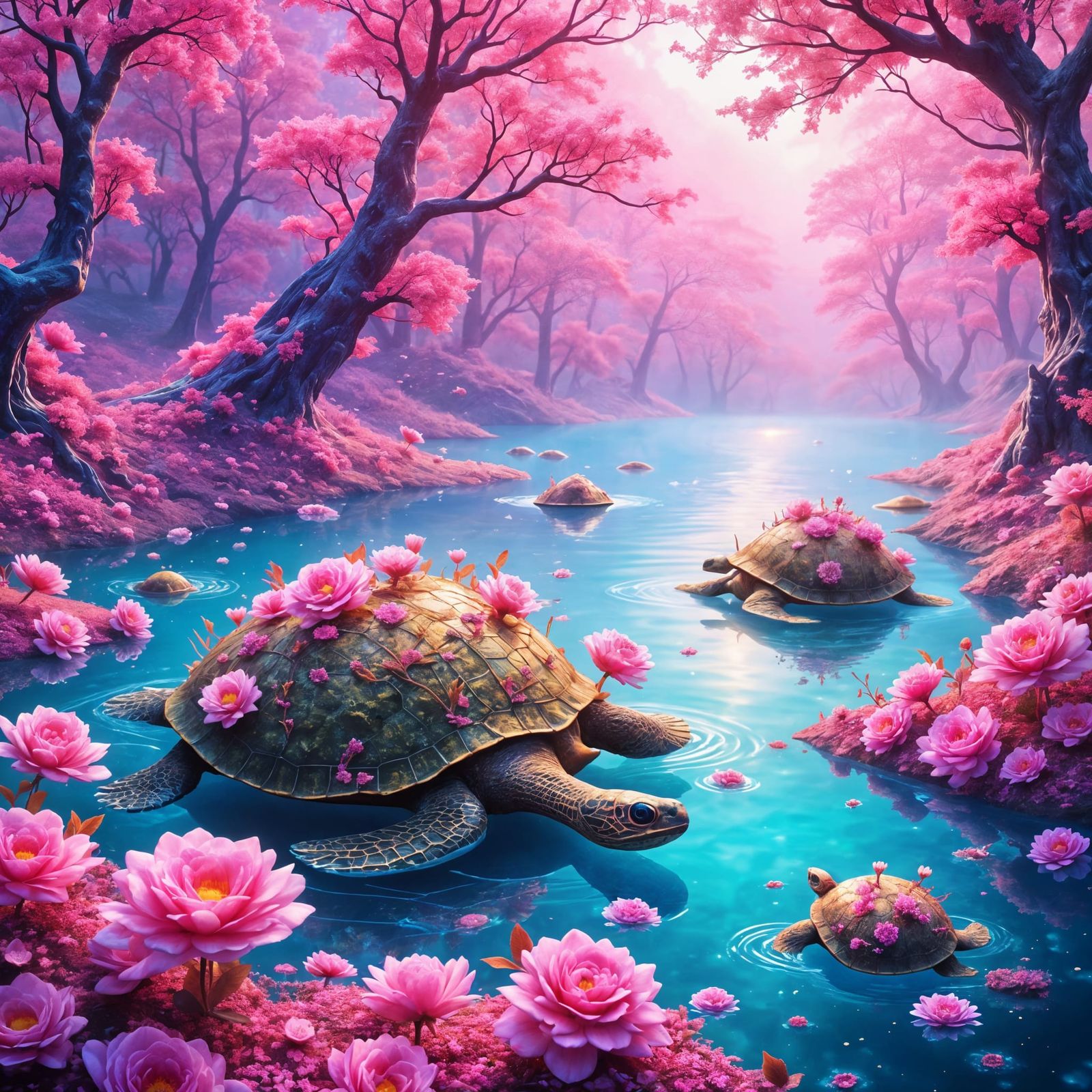 Biopunk Turtles in Pink Hazy Forest