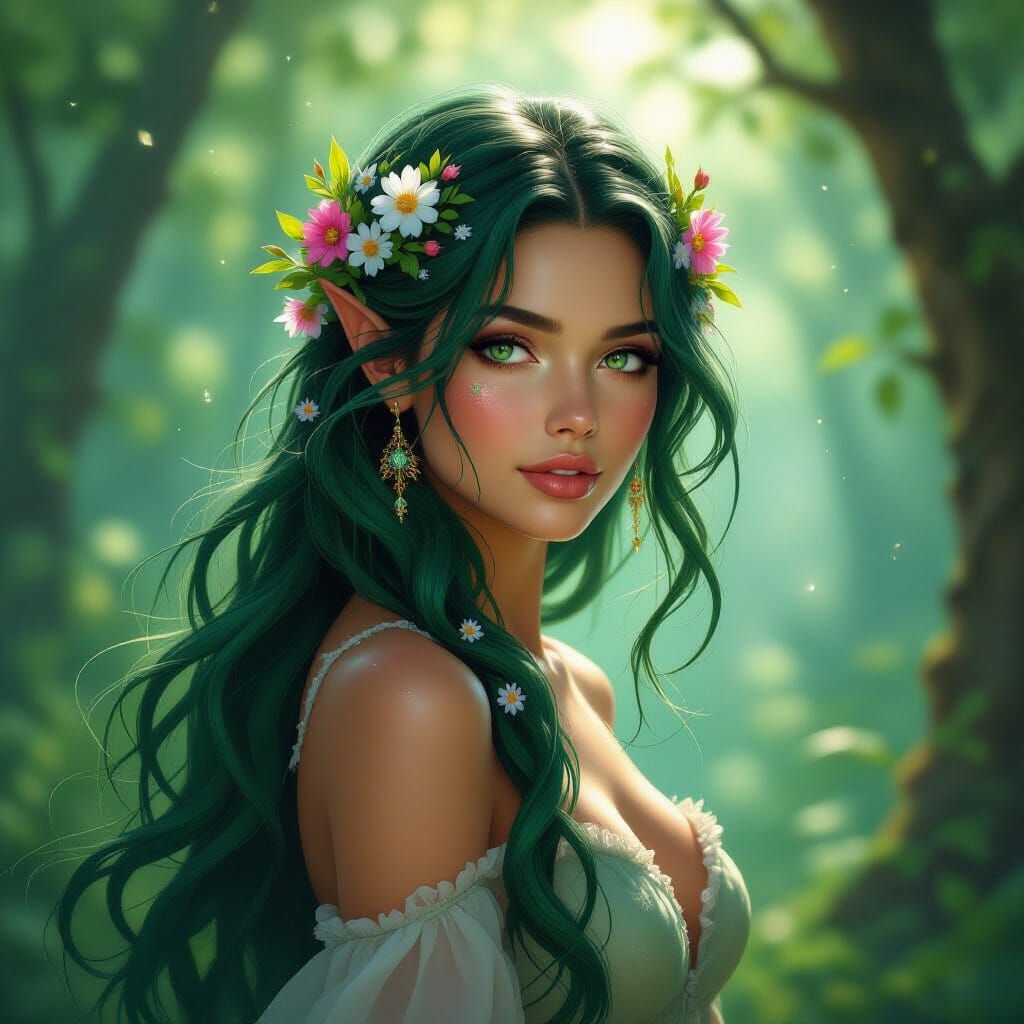 Emerald Haired Forest Nymph in Diamond Painting Style