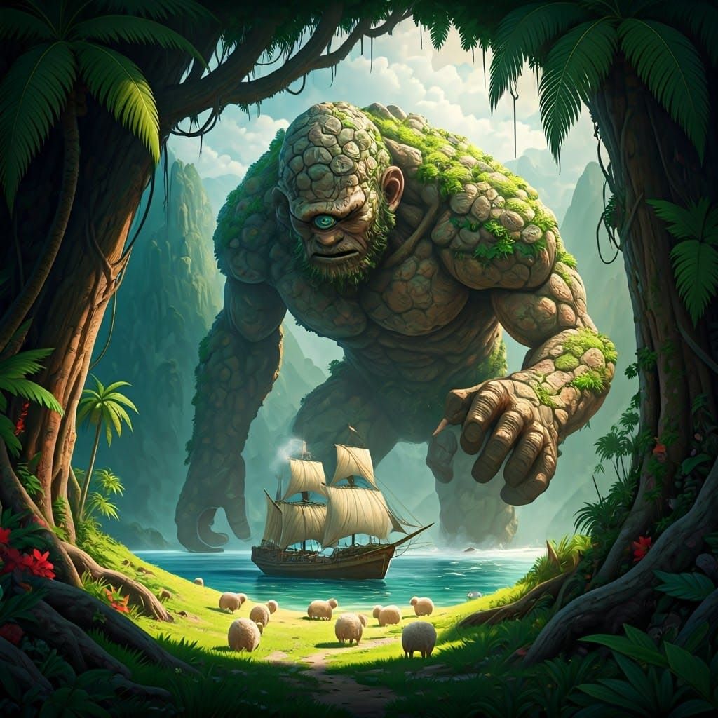 Cyclopean Giant Destroys Tropical Island with Fluffy Sheep