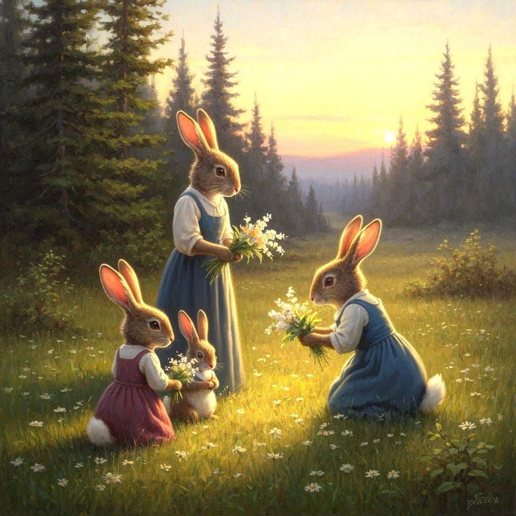 Anthropomorphic Rabbits Gather Wildflowers: Oil Painting