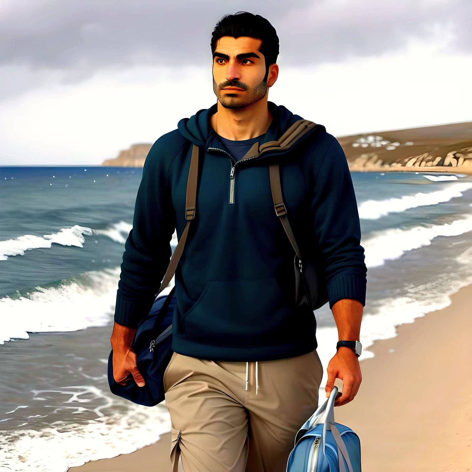 Athletic Man Walks on Windswept Seaside Road