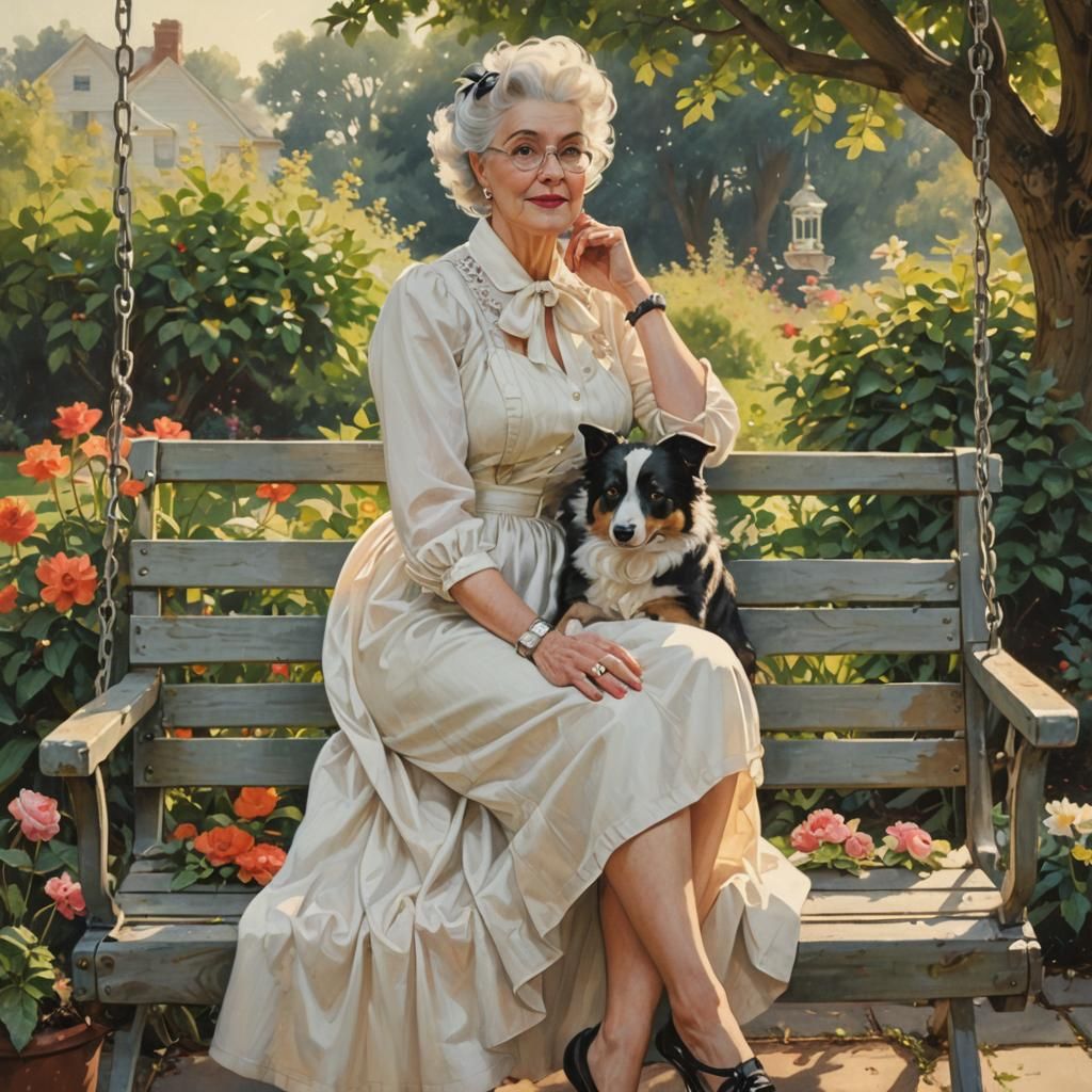 Vintage Style Garden Scene with Woman and Dogs