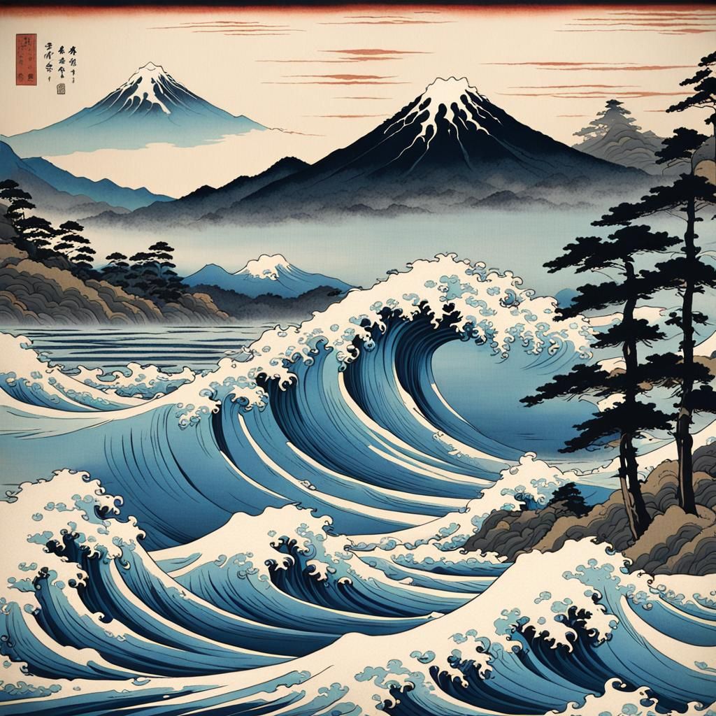 Ukiyo-e Tsunami Waves in Anime Style