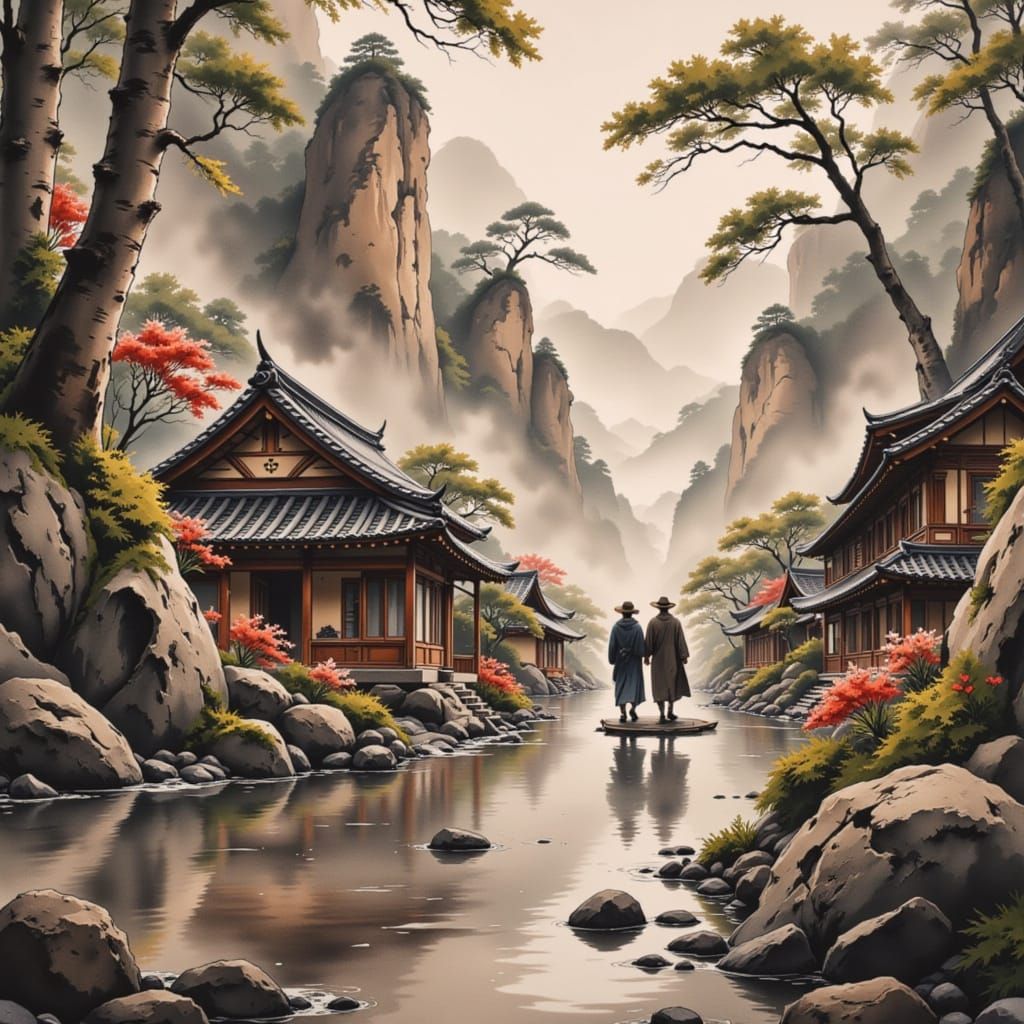 Sumi-e and Art Nouveau Japanese Ink Wash Painting