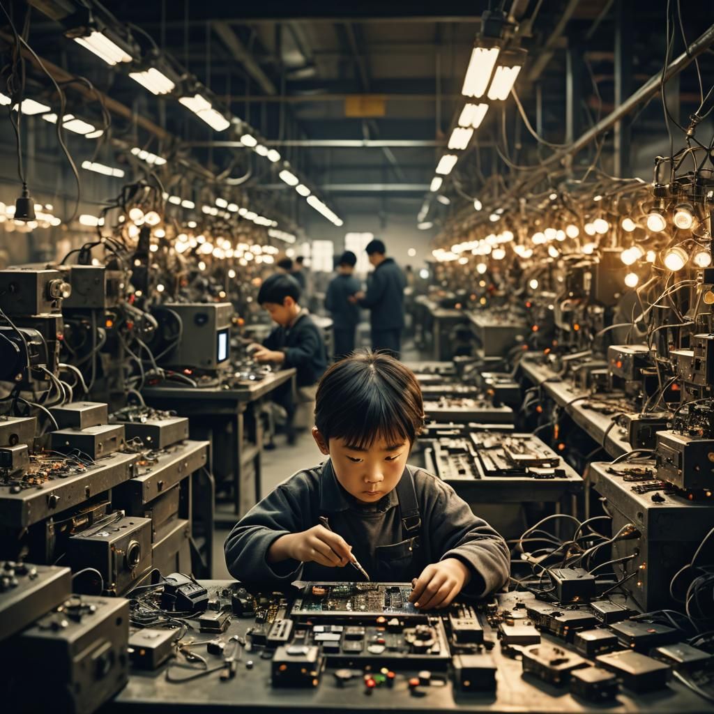 Surreal Industrial Art: Child Assembling iPhone Components