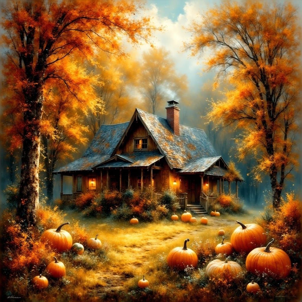 Cozy Autumn Cabin Scene with Pumpkin Patch