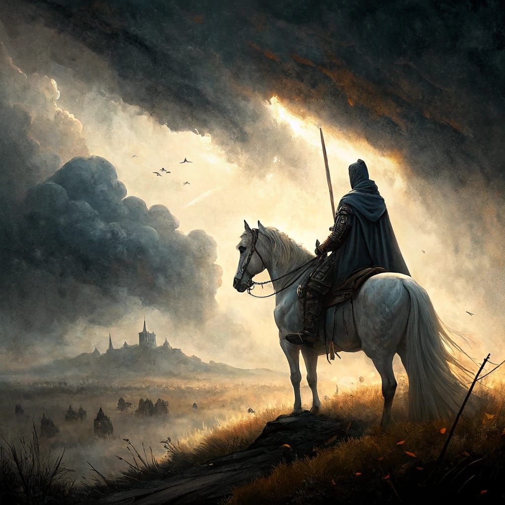 Knight on White Horse in Stormy Battlefield, Romanticism Sty...