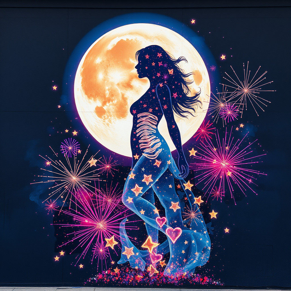 Celestial Woman and Moon in Graffiti Street Art